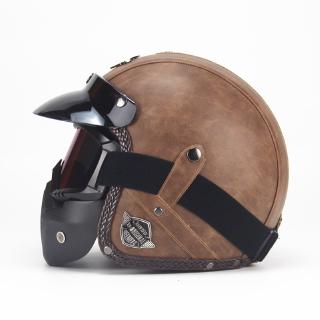 หมวกกันน็อคหนัง PU กันน็อคสำหรับขี่รถจักรยานยนต์,Retro PU Leather Helmets for Motorcycle Riding with mask and goggle cool motorbike helmet