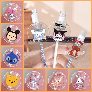 เคสป้องกันสายเคเบิล USB ใหม่ ทรงกลม ลาย Hello Kitty Stitch Mickey Mouse Kuromi สีโปร่งใส TPU นิ่ม สําหรับ Android ชาร์จ