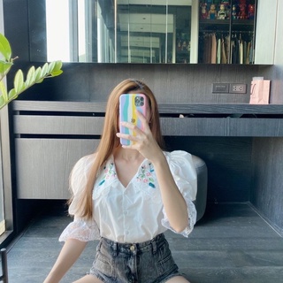 เสื้อคอปกปักลาย ขอบแต่งลูกไม้🌷สวยมาก‼️ถูกที่สุด‼️