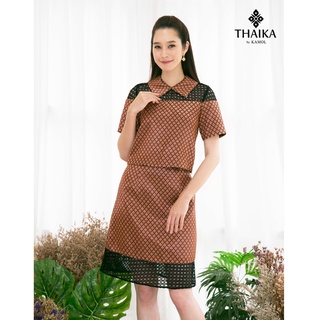 Thaika ชุดเซ็ทเสื้อ-กระโปรง ‘การะเวก’ รุ่น Limited Edition ชุดผ้าไทย แขนสั้น ทรงเอ แต่งผ้าตาข่าย ชุดไทย ชุดทำงาน ออกงาน