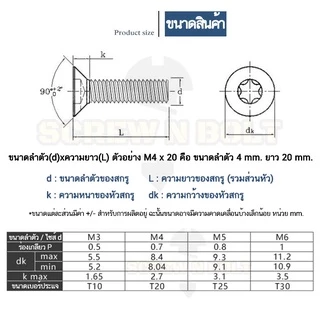 น็อต สกรู หัวเตเปอร์ F ดาว ท็อกซ์ แกนเดือย สแตนเลส 304 เกลียวมิล M3M4M5M6M8 / Flat Head Pin-Torx