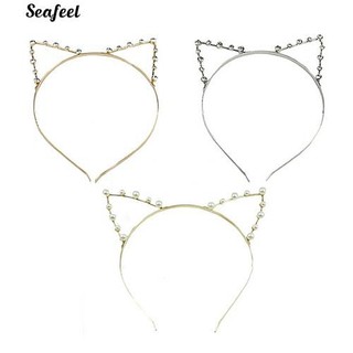 สาวผมแฟชั่นเซ็กซี่แถบแมวหู Faux Pearl Head Headwear Rhinestone Headband