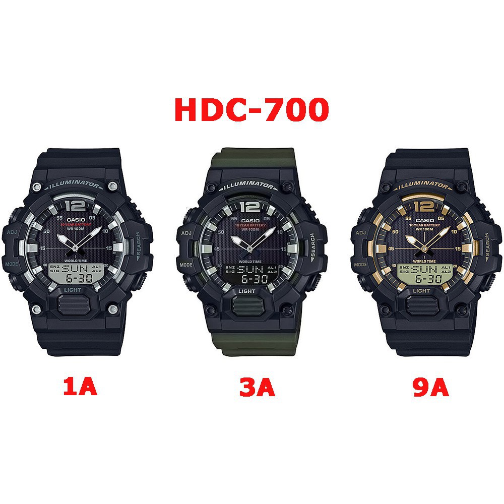 นาฬิกา CASIO รุ่น HDC-700 CASIO นาฬิกาข้อมือผู้ชาย สายเรซิน HDC-700-1A สีดํา HDC-700-3A สีเขียว HDC-700-9A สีทอง