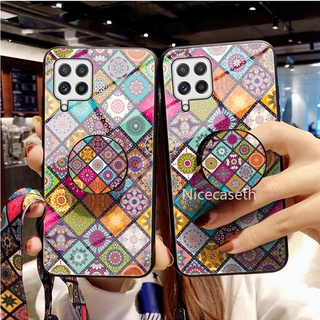 Samsung Galaxy M32 M12 M02 เคสโทรศัพท Color Flower Pattern Explosion Proof Tempered Glass Phone Case เคส with Magnetic Stand Lanyard Phone Cover