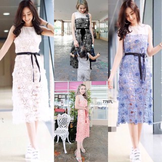 (7767) Maxi Dress แขนกูดแต่งมุ้ง ผ้าแต่งลายลูกไม้ทั้งตัว