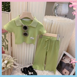 Girls 2022 summer new macaron color polo shirt set childrens top pants two-piece set baby