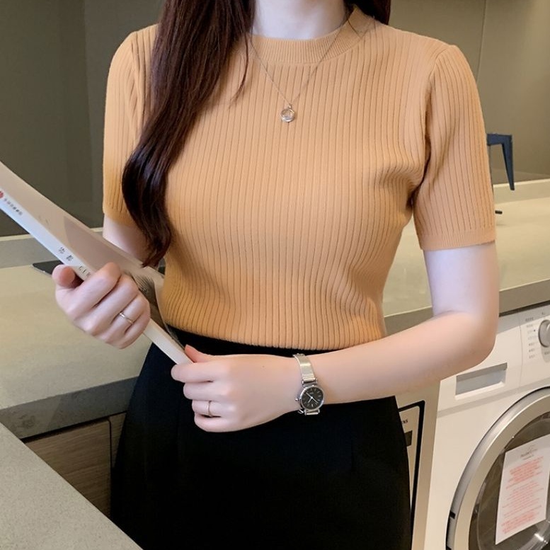 Ey_shop688​ พร้อม​ส่ง​ #586# เสื้อแฟชั่นผ้าไหมพรมแขนสั้น​ เสื้อเกาหลีผ้ายืดได้​ ใส่สบาย​ มีหลายสี
