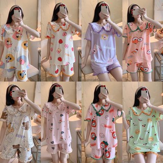 127-พร้อมส่ง-ชุดนอนผู้หญิง ผ้านิ่ม เเนสั้น+ขาสั้น 9ลาย M-XXL