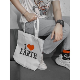 กระเป๋าผ้า ลาย I LOVE EARTH ONE  สะพายข้าง   กระเป๋า cross body กระเป๋าใส่มือถือ น่ารักปุ๊กปิ๊ก สไตล์เกาหลี