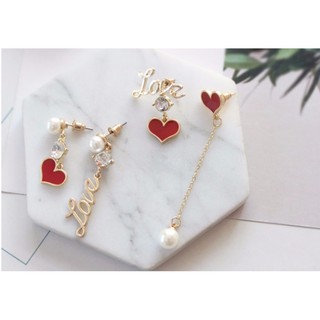 Korea Cute Love Heart with Diamond Pearl Earrings : ต่างหู ตุ้มหู เกาหลี Love ประดับ หัวใจ แต่ง เพชร มุก น่ารัก