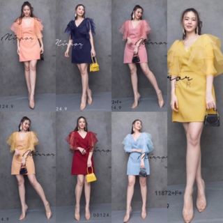 TW11872  Dress เดรสสีพื้นผ้าซาร่า แขนผาแก้วระบาย 2 ชั้น