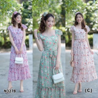 N3278Dress เซต2ชิ้น ยางรัดผม+เดรสคอเหลี่ยมแขนกุด ไหล่ 2 ข้าง