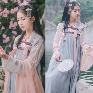 ชุดเข้าเซท S-XL hanfu สไตล์จีน นางฟ้า เสื้อผ้าจีนฮั่น เย็บปักถักร้อย ดอกไม้ Hanfu 汉服