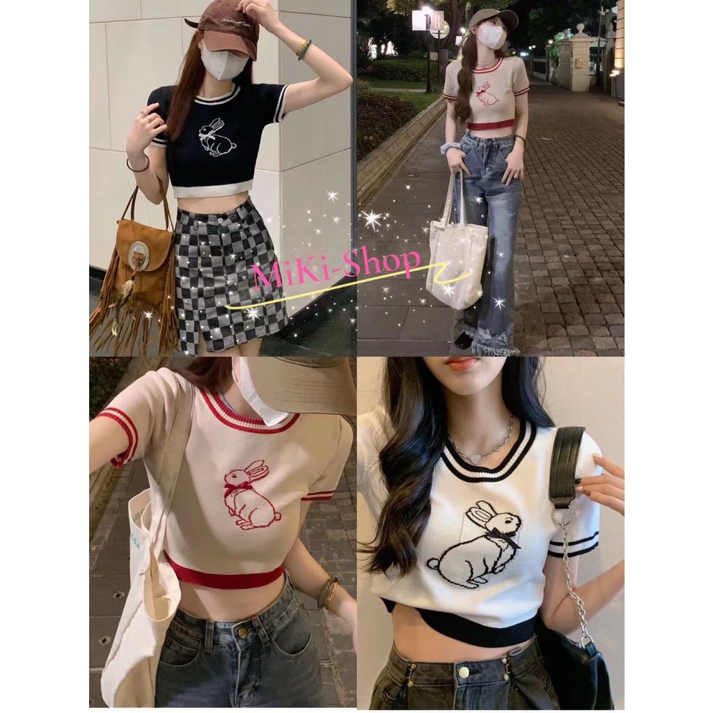 *Miki-Shop พร้อมส่ง*เสื้อยืดไหมพรม แขนสั้น ปักลายกระต่าย น่ารักมาก*3187