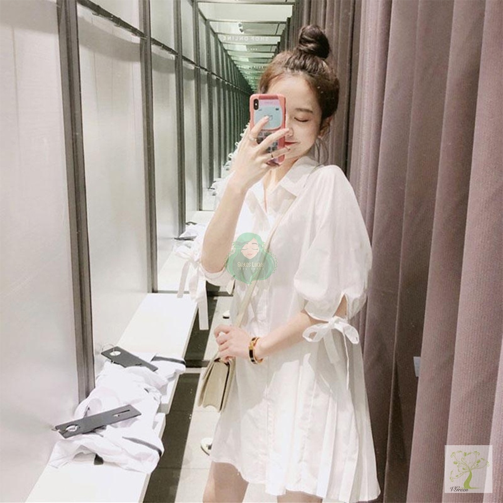 มินิเดรสสั้น 2816 น่ารักมาก แขนผูกโบว์ คอปก สไตล์สาวหวาน FREESIZE