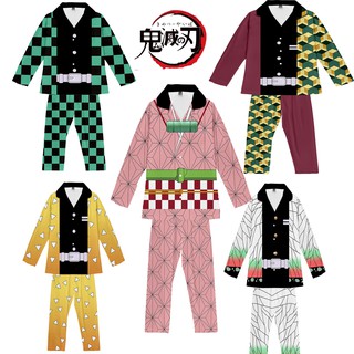 ชุดคอสเพลย์ Anime เสื้อดาบพิฆาตอสูร ชุดชิโนบุ Demon Slayer Kimetsu No Yaiba Kids Long Sleeve  Pajama Suit Cosplay Kamado Shinobu Giyuu เสื้อชิโนบ ชุดนอน