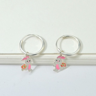 Silver White Enamel Rabbit Charm Hoop Earringsต่างหูห่วงห้อยจี้กระต่ายสีชมพูเหมาะสำหรับเด็กและผู้ใหญ่เป็นเงินแท้925