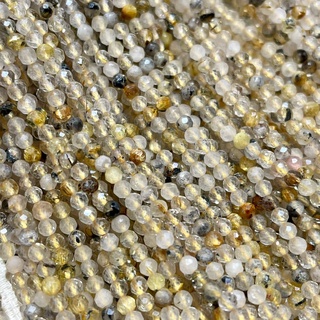 ไหมทอง ผสมเฮมาไทด์ Gold Rutilated Quartz With Hematite 2 mm เจียเหลี่ยม เส้นยาว **หินแท้ธรรมชาติ**