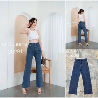 G.D.Jeans รุ่น  90281#กางเกงยีนส์ขายาวผ้าด้านสีเข้มเอวสูงทรงกระบอกใหญ่ดีไซร์ลูกไม้ขาวรอบขอบเอวแบบเก๋ๆ