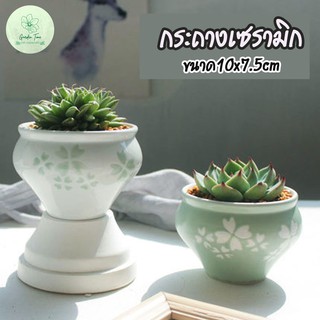 กระถางเซรามิกสีขาวเขียว กระถางไม่อวบน้ำ กระถางกุหลาบหิน cactus กระบองเพชร ต้นไม้จิ๋ว ไม้มงคล จัดสวน ของแต่งบ้าน