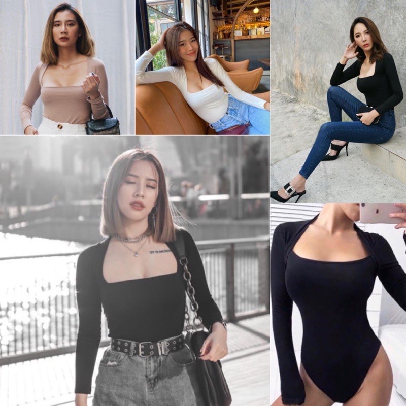 MesubShop บอดี้สูท คอเหลี่ยม เป้าแกะได้ กระดุมแป๊ก แขนยาว แช่บๆ Bodysuit เสื้อคอเหลี่ยม Body55
