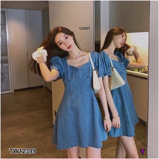 👗Pfashion [ส่งไว!!🚛] P12399 เดรสยีนส์คอเหลี่ยมแขนดอลลี่ Dolly sleeves square neck denim dress