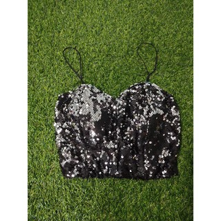เสื้อครอปสายเดี่ยวสีดำ ปักเลื่อม ซิปหลัง รหัส120-170