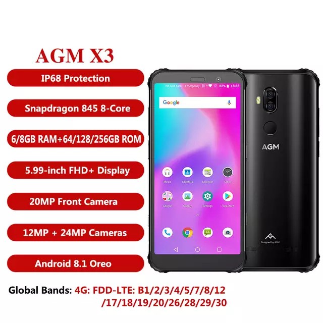 AGM X3 4G กันน้ำ สมาร์ทโฟน จอ 5.99นิ้ว 8GB แรม 128GB รอม แบตอึด4100mAh แอมป์ โทรศัพท์ที่ทนทาน ลายนิ้วมือ Type-C NFC