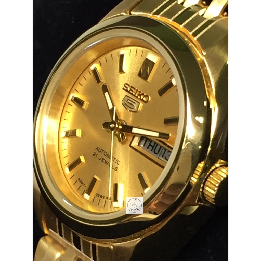 นาฬิกา ไซโก้ ผู้หญิงเรือนทอง Seiko 5 รุ่น SYMA38K1 Automatic  ตัวเรือนและสายแสตนเลสชุบทอง หน้าปัทม์สีทอง ของแท้ 100 %