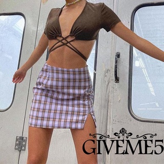 Giveme- เสื้อครอปท็อป แขนสั้น คอลึก ผ้าแถบ สีพื้น ลําลอง สีน้ําตาล สําหรับผู้หญิง ปาร์ตี้