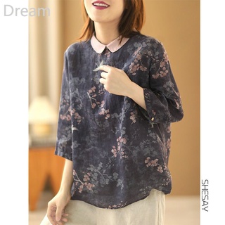 Retro ink printing national style cotton and linen doll collar seven-quarter sleeve shirt