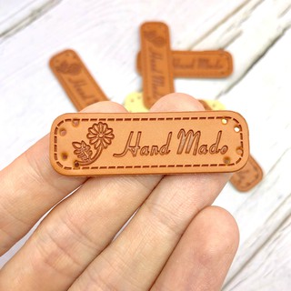 Brown "Hand Made" PU Labels for Handmade Items Daisy Flower Motif Synthetic PU Leather Tags 47x15mm