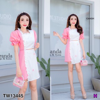 SS13445 Dress เดรสสั้น แขนพอง กระโปรงป้ายหน้า เว้าเอว ติดดอก