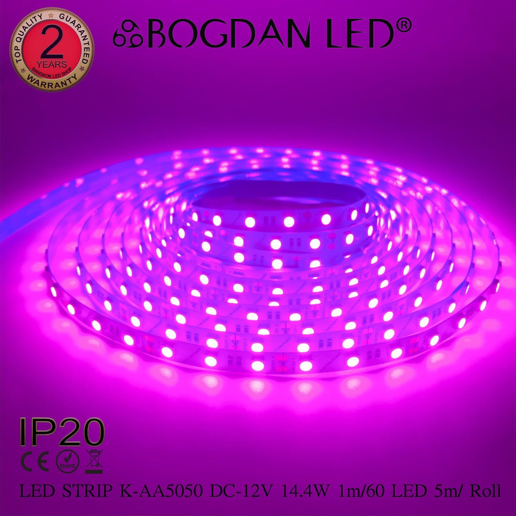 LED STRIP K-AA5050-60-PINK DC-12V 14.4W/1M IP20 ยี่ห้อBOGDAN LED แอลอีดีไฟเส้นสำหรับตกแต่ง 300LED/5M