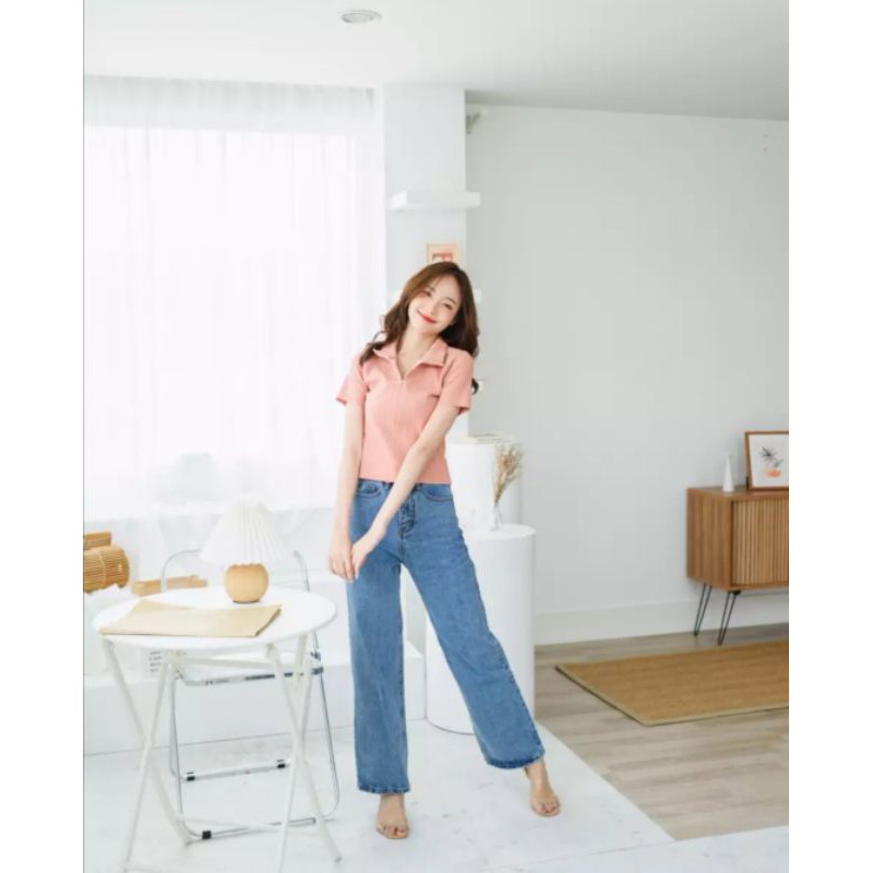 (ส่งต่อ)​Etsu Top Ctt04 เสื้อครอป คอปก สีพีช