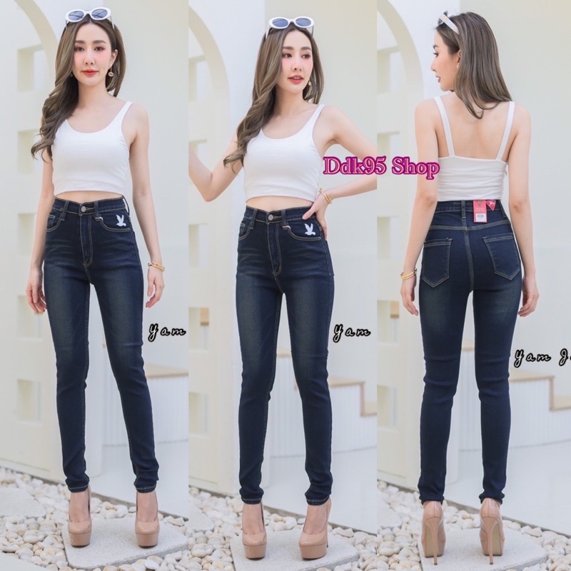 กางเกงยีนส์ขาเดฟ ผ้าซาร่าสีDeep Blue/ฟอกเข้ม งานปักนกงานป้าย Yam‘s jeans
