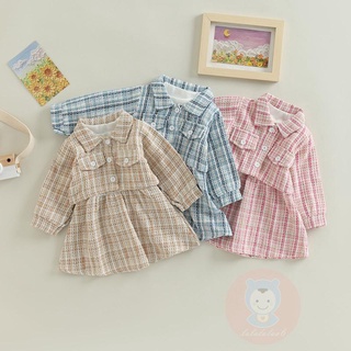 Laa6- ชุดเสื้อแขนยาว ลายสก๊อต และชุดเดรส คอม็อค สําหรับเด็กผู้หญิง 2 ชิ้น