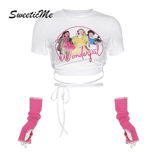 Sweeticme  เสื้อยืดคอกลมแขนสั้นพิมพ์ลายแนวเซ็กซี่สําหรับผู้หญิง