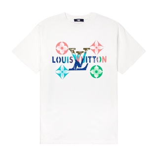 [S-5XL]เสื้อยืดคอกลม แขนสั้น พิมพ์ลายตัวอักษร LV ไล่โทนสี สําหรับผู้ชาย และผู้หญิง