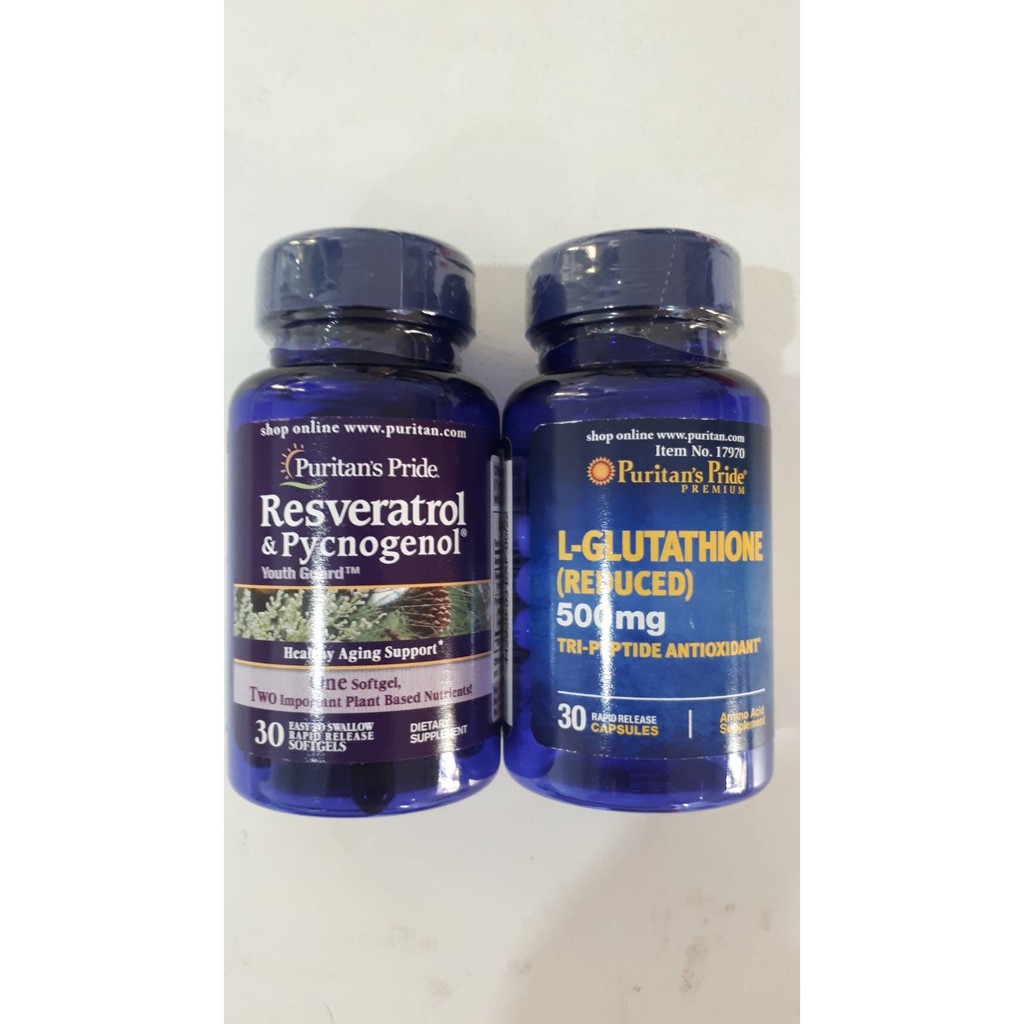 ชุดบำรุงผิวสดใส Puritan Resveratrol 100 mg &amp; Pycnogenol 30 mg 30 softgels และ L-Glutathione (Reduced) 500 mg 30 capsules