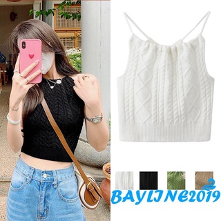 BAY-Women Solid Color Knitted Vest, Halter Neck Backless Close-fitting Crop Tops, White/ Black/ Green/ Apricot