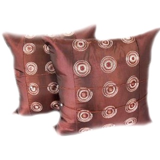 A18-Thai Silk Pillow Covers ปลอกหมอนอิง ไหมไทยลายปักกลม 16×16 นิ้ว 1 คู่ สีน้ำตาล