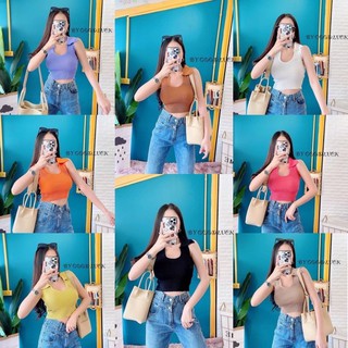 🌈MesubShop🌈 เสื้อคอโปโล มินิครอปแขนกุด💚แต่งคอปกโปโลทรงคอยู เนื้อผ้านุ่มยืดตามตัว เป็นขนาดฟรีไซส์ คอยู เผ็ด B402A