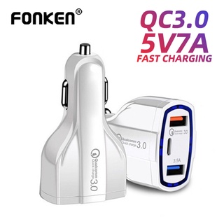 FONKEN QC3.0 5V 7A ที่ชาร์จแบตในรถ 3 พอร์ต USB Type-C รถ Fast Charge