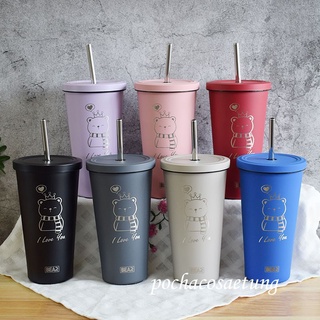 แก้ว BEAR love U 500ml มีบริการสลักชื่อได้ แถมหลอดและแปรงล้าง 304 สเเตนเลส ไม่มีไอน้ำ