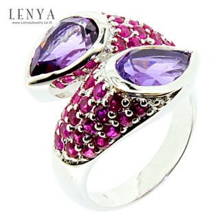 Lenya Jewelry แหวน อเมทีสต์ (Amethyst) ตัวเรือนเงินแท้ 925 ชุบทองขาว ประดับด้วยพลอย ทับทิม(Ruby) สีแดง