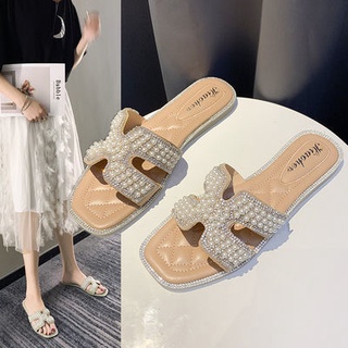 รองเท้าแตะ  รองเท้าแตะแฟชั่น🧡ไข่มุก rhinestones 👣  แฟชั่นใหม่รองเท้าแตะแบน สบาย ๆ กันลื่น
