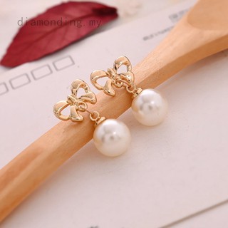 Women Wedding Party jewelry Cute Bow Gold Plated Hanging Pearl Stud Earrings