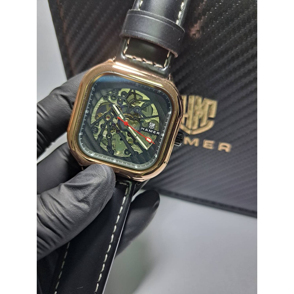 นาฬิกามือสอง สภาพนางฟ้า 99% Hamer นาฬิกา Automatic รุ่น HM-01.06.006 ของแท้ 100% ตัวเรือนโรสโกล น้าปัดดำ 42 mm/ กันน้ำ 5