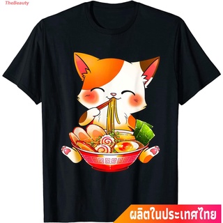 เสื้อยืดผ้าฝ้ายพิมพ์ลายขายดีเสื้อผ้ามีสไตล์TheBeauty ใหม่ แมว น่าสนใจ น่ารัก  Ramen Cat Neko Anime Kawaii Japanese Merch